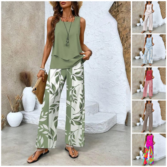 🔥Mother's Day Hot Sale 50% OFF🌺Women's Trendy Print 2 Piece Outfits Sleeveless Top & Pants