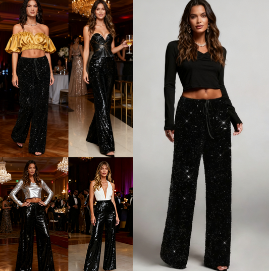 ⏳Time-Limited Special⏰Women's Sequin Sparkle Wide Leg Pants with Elastic Waistband✨