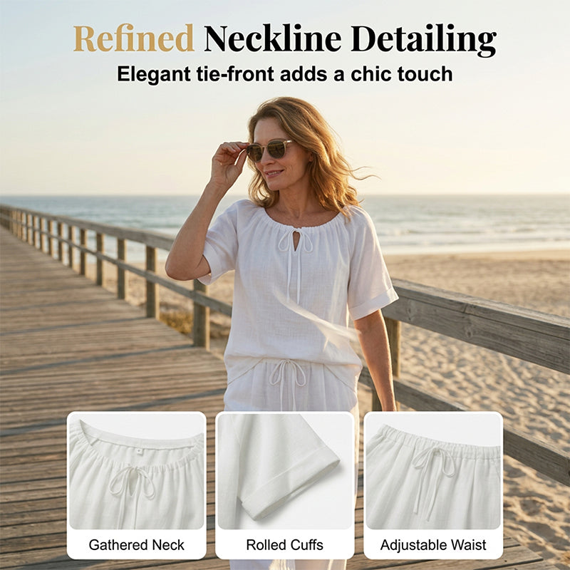 Gathered neckline, rolled cuff and adjustable waist details