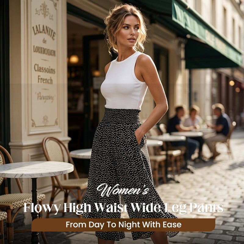 Full outfit with the printed wide-leg pants