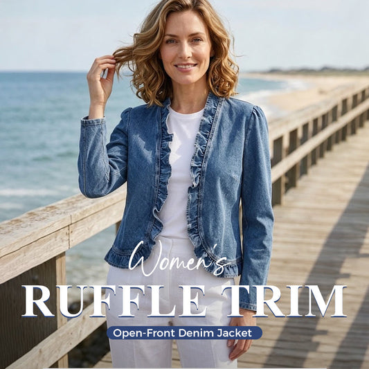 ⏳Time-Limited Special⏰Open-Front Denim Jacket – No buttons, easy on/off. Flattering ruffle trim, breathable fabric. Classic blue wash. A versatile wardrobe staple. 🌿✅