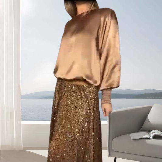 🔥Big Sale 50% OFF🔥Women's Long Sleeve Top & Sequin Maxi Skirt Two-Piece Set