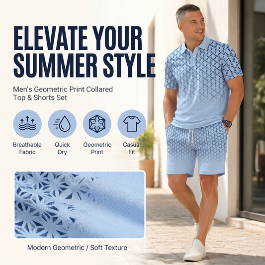 ⏳Time-Limited Special⏰Men's Geometric Print Collared Top & Shorts Set – Modern Pattern & Breathable Coordinated Look 🔷