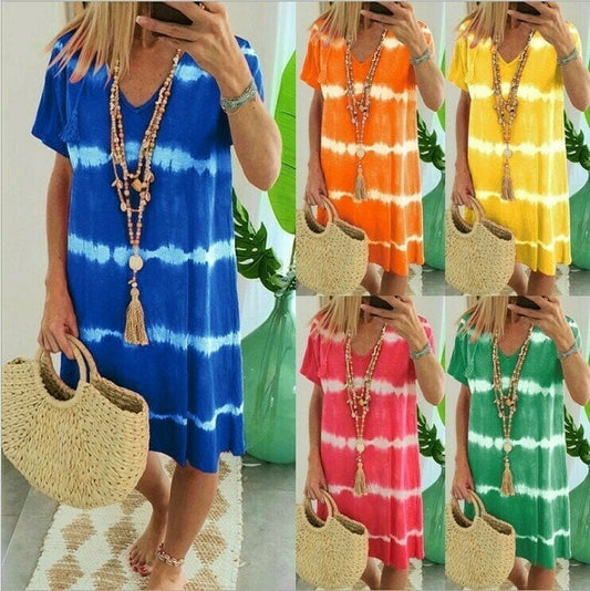 ⏳Time-Limited Special⏰Tie-Dye Striped Short Sleeve T-Shirt Dress – Soft & flowy – Perfect for summer, beach or casual days – comfortable and stylish 🌊✨
