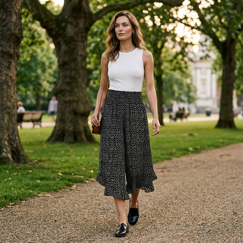 Full-length outdoor look featuring the wide-leg pants