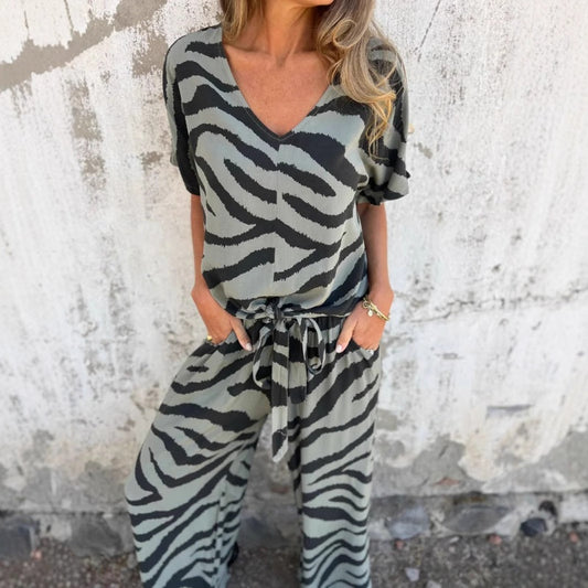 💞Women's Zebra Print V-Neck Top & Pants (2-Piece Set)
