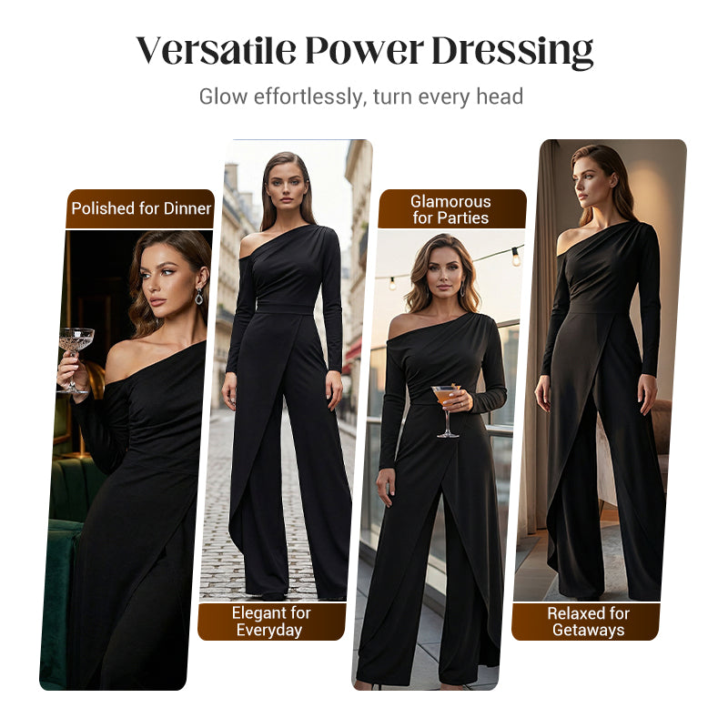 Wide-leg jumpsuit worn for an elegant occasion