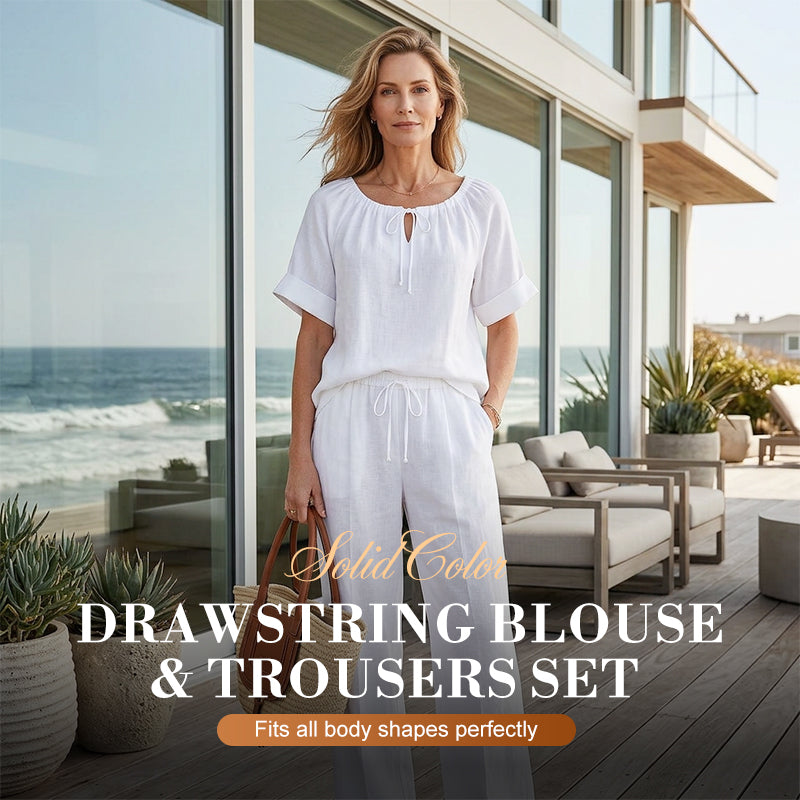 Woman wearing the drawstring top and trousers two-piece set
