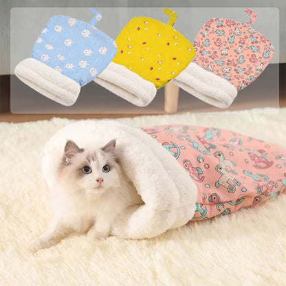 ⏳Time-Limited Special⏰Plush Cave-Style Pet Sleeping Bag – Semi-Enclosed Cozy Design Gives Cats Sheltered Tucked-Away Resting Spot, Soft Plush Comfort, Hooded Shape Blocks Indoor Drafts & Easy-Care Washable – 4 Patterns Multiple Sizes 🐱