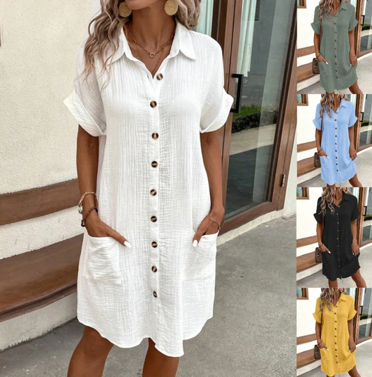 ⏳Time-Limited Special⏰Women's Buttoned Short Sleeve Pocket Casual Shirt Dress