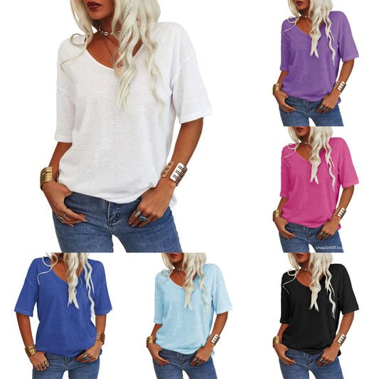 💖2025 Summer Hot Sale💥Women's Solid Color V-Neck T-shirt