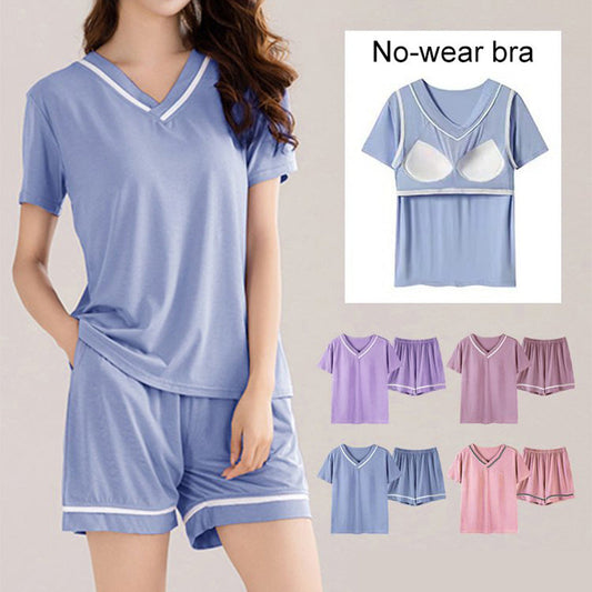 Loose V-Neck Pajamas Set with Chest Pads