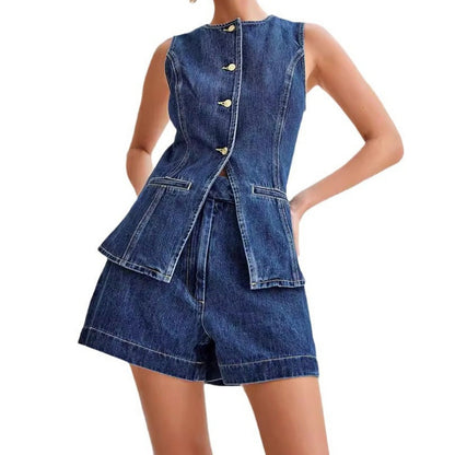 💕HOT SALE- FREE SHIPPING💕Women's Casual Denim Two-Piece Sleeveless Top & Shorts Set