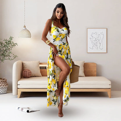 🌸2025 New Fashion🌸 Women’s Elegant Lemon Print Spaghetti Strap Flowy Long Dress