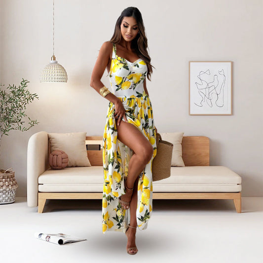 🌸2025 New Fashion🌸 Women’s Elegant Lemon Print Spaghetti Strap Flowy Long Dress