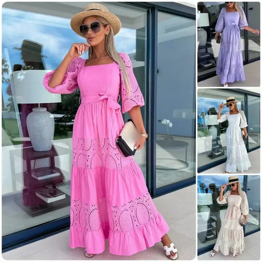 ⏳Time-limited Special⏰Women’s Trendy Patchwork Tie Waist Square Neck Long Dress
