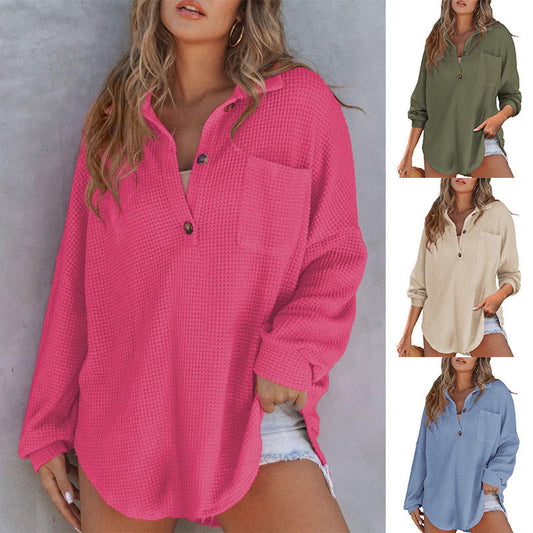 🔥Limited Time 50% OFF🔥Women’s Loose Solid Color Waffle Knit Shirt