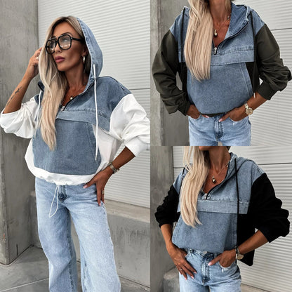 🌸Spring Specials💐Women's Layered Hoodie Denim Jacket with Drawstring