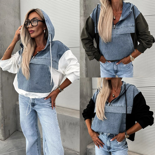 🌸Spring Specials💐Women's Layered Hoodie Denim Jacket with Drawstring