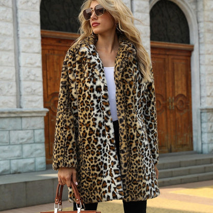 ❄️Winter Specials❄️Women's Fashion Leopard Print Warm Faux Fur Mid-Length Coat