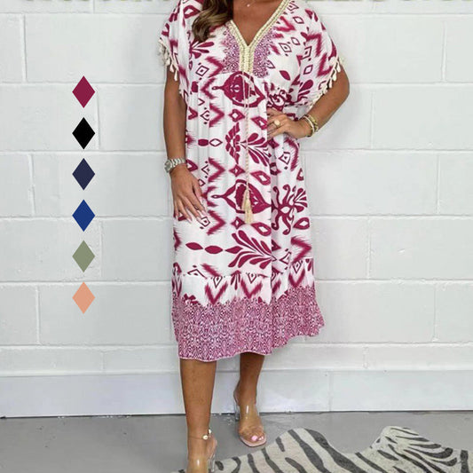 🔥2025 HOT SALE💃Printed V-Neck Casual Dress With Fringes on the Sleeves✨