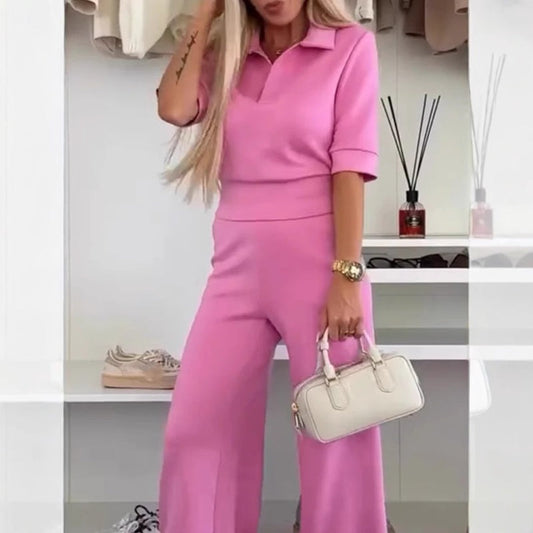 🌸Spring Specials💐 Solid Color Lapel Top & Wide Leg Pants 2-Piece Set