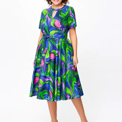 🌸Spring Specials💐Women's Short Sleeve Waisted Printed Midi Dress