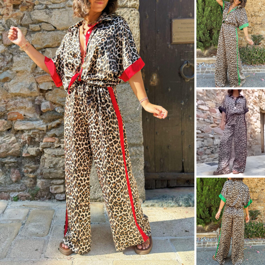 🌸Women's 2-Piece Leopard Print Outfit Button-Down Shirt & Wide-Leg Pants🌸