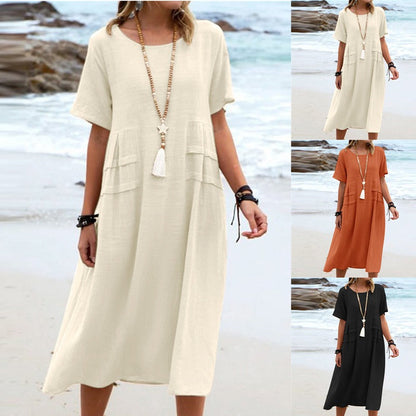 💕Summer New💕Women's Round Neck Cotton Linen Midi Dress