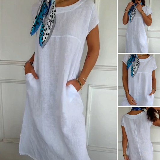 🏖️Summer Hot Sale 50% OFF🌼Women's Round Neck Short Sleeve Cotton Linen Dress