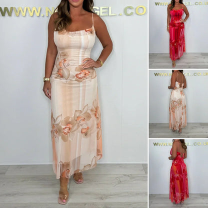 Spaghetti Strap Mesh Floral Maxi Dres