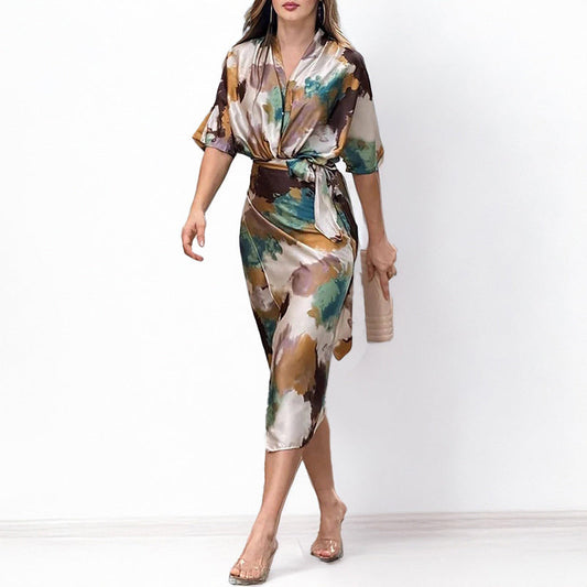 Women's Elegant Satin Abstract Print Wrap Dress