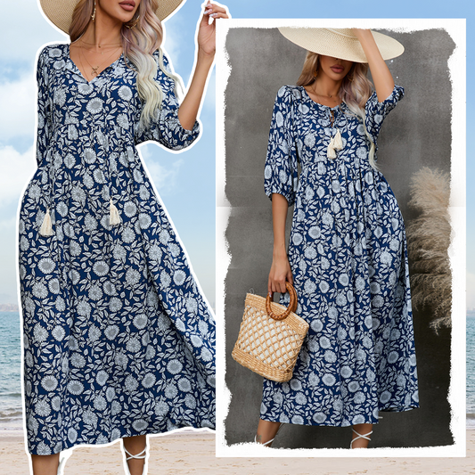 🌸Summer Sale -50% off🌸Women’s Elegant Floral Print V-Neck Long Dress