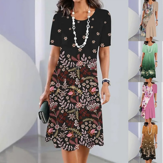 Women's Elegant Floral Print Round Neck Dress