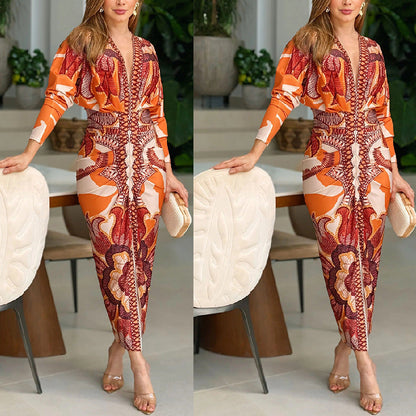 Women's Elegant V-Neck Printed Bodycon Dress