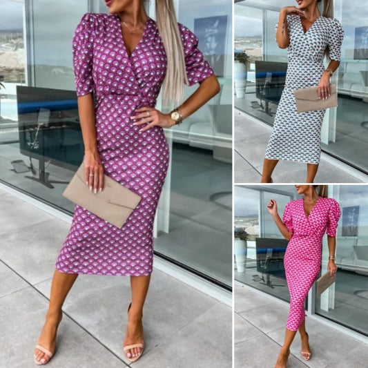 Women's Fashion Printed Bubble Sleeve V-Neck Short Sleeve Waist Dresses