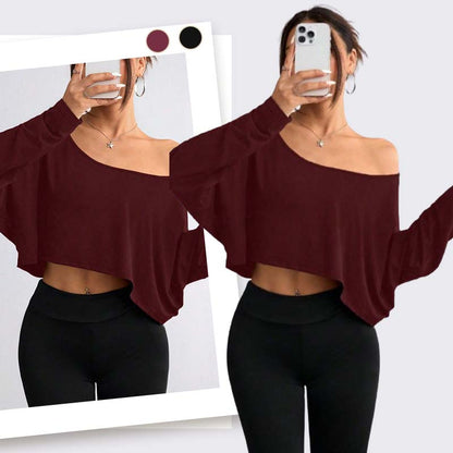 👚🌟️Limited Time 50% OFF🌀 Women's Long Sleeve Oversized Loose Off The Shoulder Crop Tops - Stylish Comfort, Free Spirit, Show Your Unique Charm!