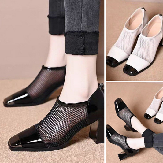 Women's Fashion Hundred Mesh Chunky Heel Square Toe Shoes