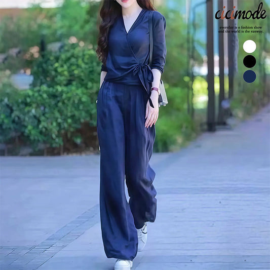 🔥🍀Women's Wrap V-Neck Blouse & Wide Leg Pants Set