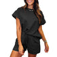 Women's Solid Textured Casual Short Sleeve Top Drawstring Shorts Set