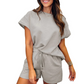 Women's Solid Textured Casual Short Sleeve Top Drawstring Shorts Set