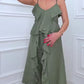 Women's Fashion Ruffle Hem Spaghetti Top Drawstring Wide Leg Pants Set