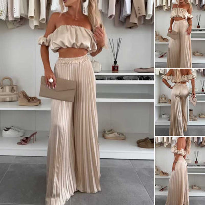 💖LAST DAY SALE 50% OFF💖Women’s Sexy Solid Color Top Wide Leg Pants Two Pieces Set