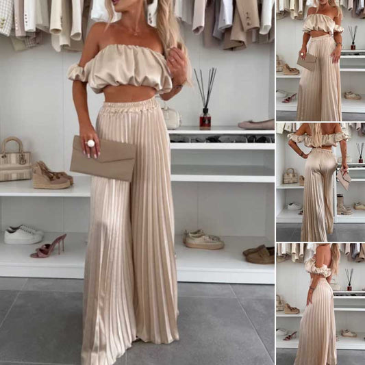 💖LAST DAY SALE 50% OFF💖Women’s Sexy Solid Color Top Wide Leg Pants Two Pieces Set