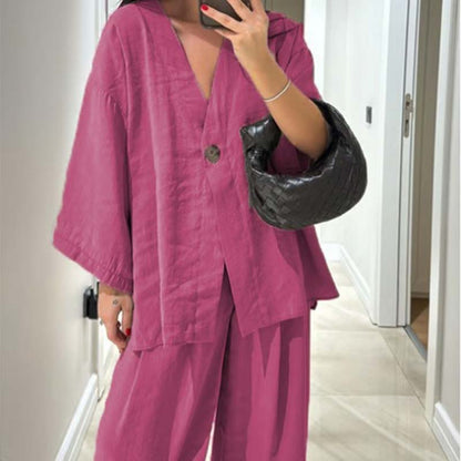 ✨Fashionable sets at half price🎉Women's V-Neck Top & Wide-Leg Pants Solid Color 2-Piece Set