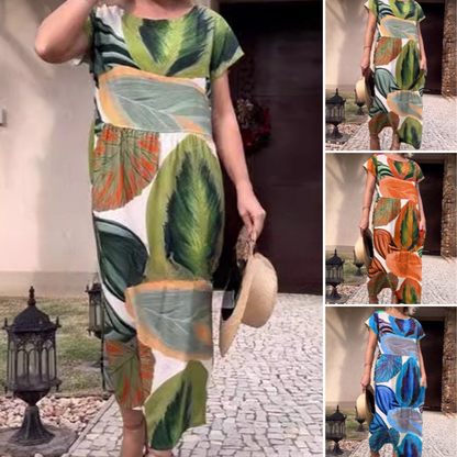 💕Leaf Print Round Neck Side Split Short Sleeve Dress