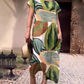 💕Leaf Print Round Neck Side Split Short Sleeve Dress