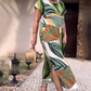 💕Leaf Print Round Neck Side Split Short Sleeve Dress
