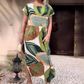 💕Leaf Print Round Neck Side Split Short Sleeve Dress
