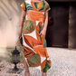 💕Leaf Print Round Neck Side Split Short Sleeve Dress